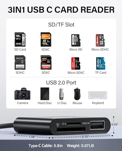 HICOBER USB C SD Card Reader, 3-in-1 for Laptop, Phone, Tablet, Black - color: Black