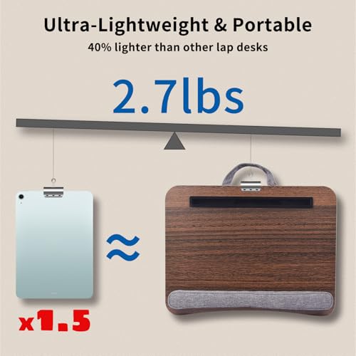 Home Office Lap Desk with Wrist Rest Laptop Bed Desk for Notebook, Laptop, Tablet, Lap Stand with Tablet, Phone Holder Fits Up to 14 Inch Laptops (Brown) - color: Brown, size: Small