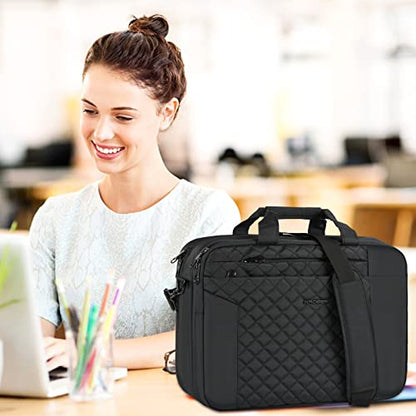 KROSER Laptop Bag 15.6 Inch Briefcase Shoulder Bag Water Repellent Laptop Bag Bussiness Carrying Handbag | Built-in luggage strap & TSA friendly, multi compartments, suitable for business, office, travel, men and women - color: Qulited Black