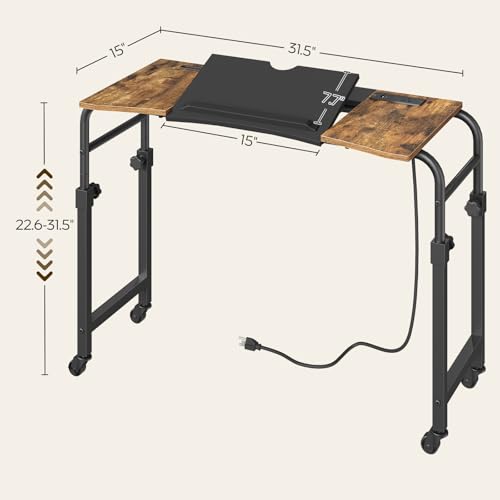 Overbed Table with Wheels and Height Adjustable, Recliner Table with Charging Station, Over the Bed Desk for Bed, Sofa, Office, Rustic Brown and Black SF05UBR