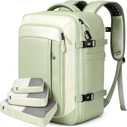 Vancropak Carry on Backpack for Airplane, Travel Backpack Fits 17.3" Laptop | Shoe Compartment, 3 Packing Cubes, 18x14x8 Travel Backpack, 40L Expandable Suitcase, Lightweight Anti Theft Weekender Bag - color: Green