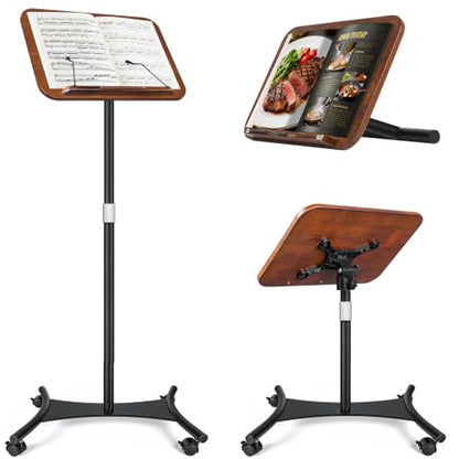 2 in 1 Dual-use Music Stand & Desktop Book Stand, Adjustable Height 16.5"-51", 100% Solid Wood Laptop Floor Stand Book Holder with Elastic Page Clips for Cookbooks (Black Walnut-Wheeled) - color: Black Walnut-wheeled