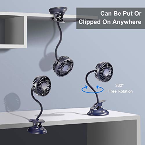 Clip on Fan Usb Battery Operated Desk Clip Fan with Emergency Power Bank, Baby Stroller Fan Rechargeable Personal Fan Flexible Neck 3 Speeds Great for Beach Car Camping Dorm Bed Office-Navy Blue - color: Navy Blue