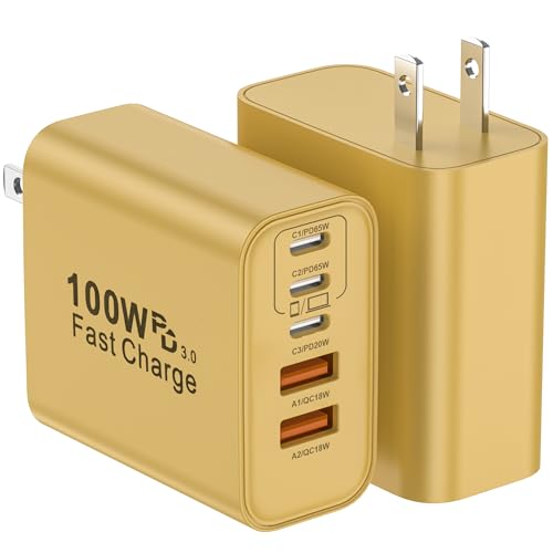 USB C Charger Block, 2-Pack 100W 5-Port USB C Wall Charger iPhone Charger Fast Charging PD Power Adapter+QC Wall Plug Multiport Type C Brick Chargers for iPhone 17 16 15 14 13 Pro Max,Samsung,MacBook - color: Yellow, size: 2packs 100W