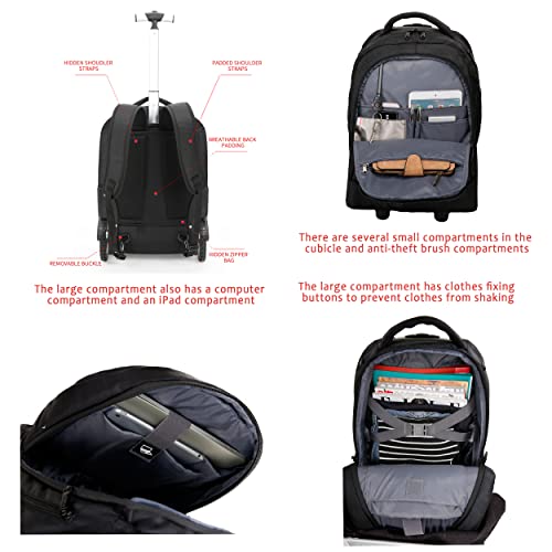 Rolling ,Waterproof Backpack with Wheels for Business, College Student and Travel Commuter, Carry on Backpack with Laptop Compartment, Fit 17 Inch Laptop, Wheeled Backpack for Adults - color: Black