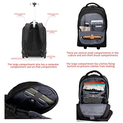 Rolling ,Waterproof Backpack with Wheels for Business, College Student and Travel Commuter, Carry on Backpack with Laptop Compartment, Fit 17 Inch Laptop, Wheeled Backpack for Adults - color: Black