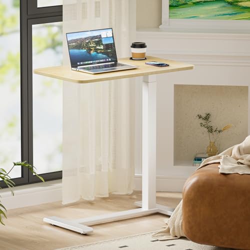BIZUM Adjustable Hospital Bed Table on Wheels, Rolling Bedside Table Maple | Adjustable height 29.7-43.3in, 27.6x15.8in surface, cup holder, 22lb capacity, pneumatic lift, 4 swivel wheels - color: Maple