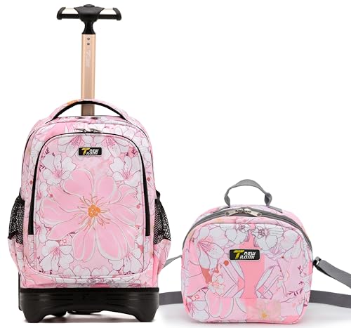 NEW TILAMI 18 Inch Rolling Backpack with Lunch Bag for Girls Boys School | 6-Wheel Stair-Climbing Girls Boys Carry-on Suitcase Water-Resistant Adjustable Trolley Handle Wheels School Travel Camping - color: Pink Flowers