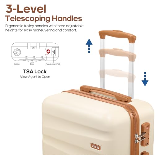 UKEIN Luggage Set with Backpack,Hardshell Carry On Luggage Airline Approved | 20inch Suitcase Set with 360° Smooth Spinner Wheels,TSA Lock,YKK Zippers,Lightweight 3 Piece,Polycarbonate - color: Beige, size: Carry On 3 Piece Set (20inch)