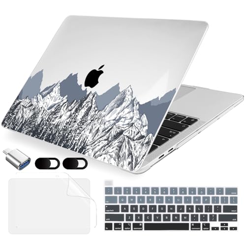 MecBevia Compatible with MacBook Pro 13 inch Case 2022 2021 2020 Release M2 M1 A2338 A2251 A2289, Plastic Hard Shell&Keyboard Cover&Screen Protector&Webcam Cover&Type-C Adapter, Mountain Sketch - color: Mountain Sketch