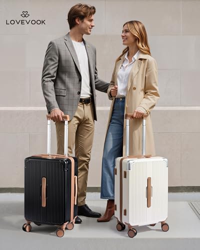 LOVEVOOK Hardside Carry On Luggage 22x14x9 Airline Approved, Small Suitcase | 20 Inch Hard Shell with 3 Multiple Handles, Silent 360° Spinner Wheels With TSA Lock for Trip - color: Black&Brown