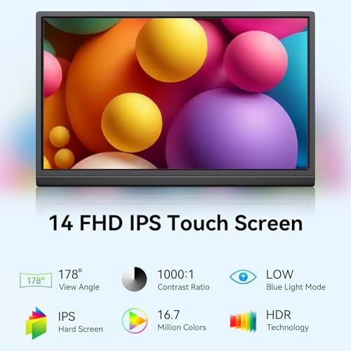 14 Inch Touchscreen Portable Monitor, FHD 1080P IPS HDR Ultra Slim Travel Screen, USB-C Powered with Built-in Speakers for Laptop, PC, Mac, PS4, PS5, Xbox Gaming Consoles