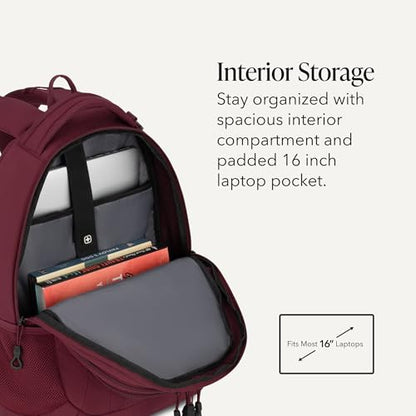 SWISSGEAR Cecil Laptop Backpack, Fits Most 16-Inch Laptops, Three-Compartment Design, Airflow Back Panel, Merlot, 27.3L, 18-Inch - color: Merlot