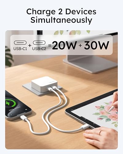 Nekmit Dual USB C Wall Charger, 50W PD PPS Fast USB Charger Block with 2 USB-C Ports, Flat USB Wall Plug Adapter with Fixed Prongs for iPhone 17/16, MacBook Air, iPad and More (White) - color: White