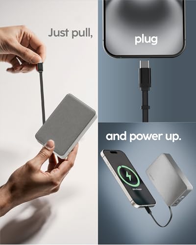 myCharge RetractaCharger 10000mAh Power Bank – 28" Retractable USB-C Cable | 30W PD Fast Charging | Digital Battery Display | USB-C/A Ports | Up to 60 Hrs Extra Power | Premium Grey Fabric - color: No Wall Plug