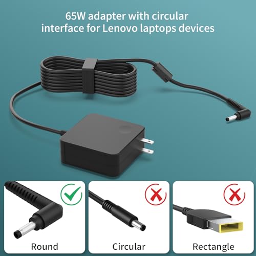 Charger for Lenovo Laptop 65W, Lengthened Power Cord, Round Tip AC Adapter Compatible with IdeaPad 1/3/5, Slim 3/5/7, Flex 5 (14/15/16), V14/V15/V17, S145, S340, 320/330 Series for Home Office Travel