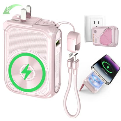 SEANCHEER P05 Portable Charger, Magnetic Power Bank, Small PowerBank, Battery Pack10000mAh Travel Essentials Fast Charging with Built in Cable, Foldable Wall Plug for iPhone,Samsung,Andriod (Pink) - color: Pink