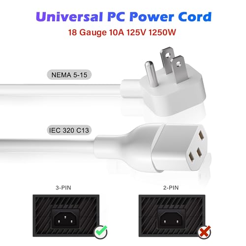Adoreen 8 Ft Computer TV Replacement Power Cord White, Low Profile Flat Plug 18AWG 3-Prong AC Universal Power Supply Cable NEMA 5-15P to IEC 320 C13 for Printer, PC, Monitor TV LCD, ETL+Ties - size: 8FT, style: Angled to Straight
