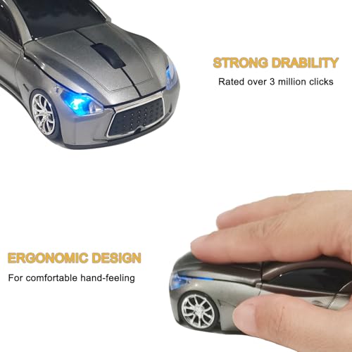 Car Mouse for Computer, Wireless Car Shaped Mice for Laptop, PC, Mini Cute Mouse with 2.4Ghz USB Receiver, 3D, 1600DPI, Silent Clicks, LED Headlights (Grey) - color: Y-Grey