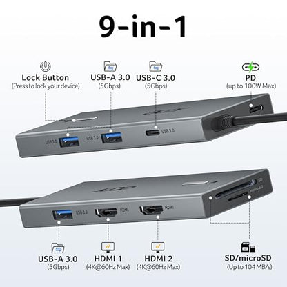 Acer USB-C Docking Station Dual Monitor, 9-in-1 Laptop Dock with 2 HDMI | Laptop Docking Station with 4K@60Hz HDMI, USB A&C 3.0, SD/Micro SD, 100W PD Compatible with Acer/Dell XPS/HP/Mac (0.65FT) - size: 0.65FT