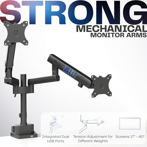 VIVO Premium Aluminum Full Motion Dual Monitor Desk Mount Stand with Lift Engine Arm, Pole Extension, and USB Ports, Fits Ultrawide Screens up to 40 inches, STAND-V102BDU - size: Dual monitor, style: Extended