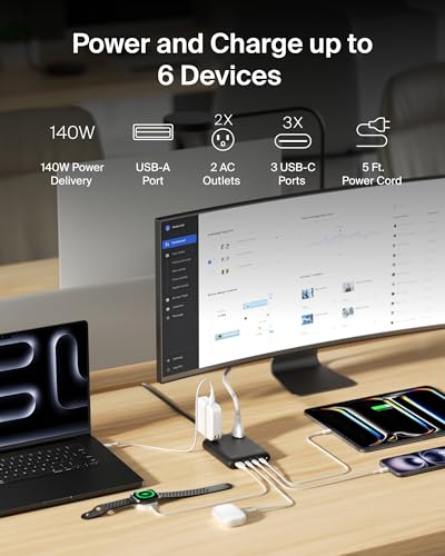 Belkin Charging Station Power Strip 3 USB-C Charger 2 AC 1 USB-A 140W GaN | GaN technology, compact charging station, iPhone, Apple Watch, iPad, MacBook, Chromebook, Galaxy, Pixel - style: 140W, 2 AC Outlet
