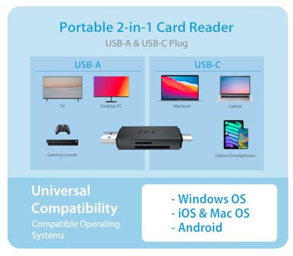 TEC Card Reader 2-in-1 USB C/USB 3.2 Micro SD and SD Memory Cards Reader Adapter with Dual USB Output. Compatible with iPhone 15 Pro Max, MacBook Pro, Chromebook, Galaxy - Ideal for Creatives