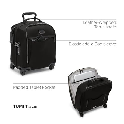 TUMI - Voyageur Leger 4 Wheeled Luggage - Women's Lightweight and Spacious, Sleek Silhouette, Durable Premium Suitcase - 16" Compact Front Pocket Carry On, Black with Gunmetal Hardware - color: BLACK/GUNMETAL, style: 16" Compact Carry-on