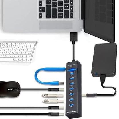 USB 3.0 SuperSpeed 7-Port Hub, High-Speed Data Transfer and Sync for Multiple Devices, Compatible with Laptop, PC, MacBook, iMac, Surface Pro, Windows/Mac/Linux, Bus-Powered, Plug and Play