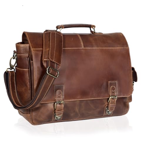 Leather Messenger Bag for Men and Women, Leather Briefcase with Laptop Bag, Shoulder Bag, Office with Adjustable Strap - color: Light Brown