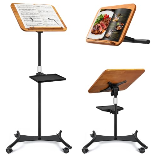 2 in 1 Dual-use Music Stand & Desktop Book Stand, Adjustable Height 16.5"-51", 100% Solid Wood Laptop Floor Stand Book Holder with Elastic Page Clips for Cookbooks (Brown with Tray and Wheels) - color: Brown With Tray and Wheels