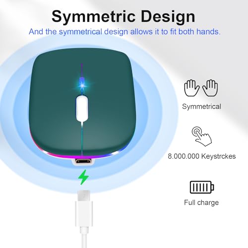 Wireless Bluetooth Mouse for iPad/MacBook Pro/Air/Laptop/pc Rechargeable Silent Mouse Portable Slim for Surface Pro/Lenovo/Samsung Tablet (LED/Jade Green) - color: LED / Jade Green