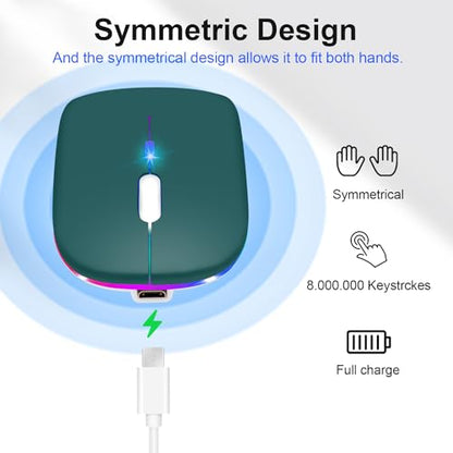 Wireless Bluetooth Mouse for iPad/MacBook Pro/Air/Laptop/pc Rechargeable Silent Mouse Portable Slim for Surface Pro/Lenovo/Samsung Tablet (LED/Jade Green) - color: LED / Jade Green