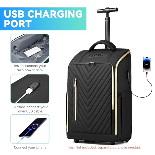 Rolling Backpack Waterproof Commuter Backpack with Wheels for Business, Laptop Compartment for 15.6-Inch Laptop, Wheeled Carry-On Bag for Adults - color: Gold Black