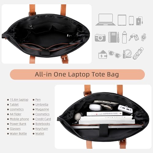 Laptop Bag for Women 15.6 Inch Work Tote Briefcase with USB Nylon Shoulder Handbag for Office Travel Business - color: Black