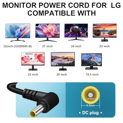 Replacment for LG Monitor Power Cord - DC 19V Power Supply for LG Electronics 27" 24" 23" 22" 20" 19" LCD LED HD TV Monitor Widescreen Power Adapter Cord(6.5 * 4.4mm)