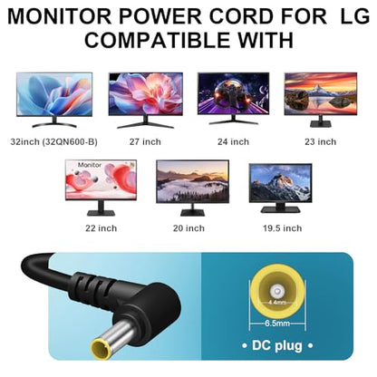 Replacment for LG Monitor Power Cord - DC 19V Power Supply for LG Electronics 27" 24" 23" 22" 20" 19" LCD LED HD TV Monitor Widescreen Power Adapter Cord(6.5 * 4.4mm)
