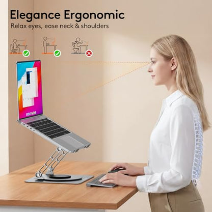 TECKNET Laptop Stand for Desk - 360° Rotating Base, Ergonomic Foldable Computer Stand for Laptop Riser, Height Adjustable, Compatible with MacBook Pro, Dell XPS, HP, and All Laptops 10-17" (Silver) - color: Silver