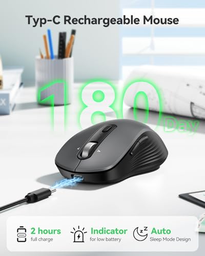 TECKNET Rechargeable Bluetooth Mouse, [ USB + BT5.0 + BT3.0 ] Wireless Mouse, Ergonomic 4-Way Scroll Wheel Computer Mice, 6-Level 4800 DPI Silent Mice, Multi-Device for Computer/Laptop/MacBook (Iron) - color: Iron Gray