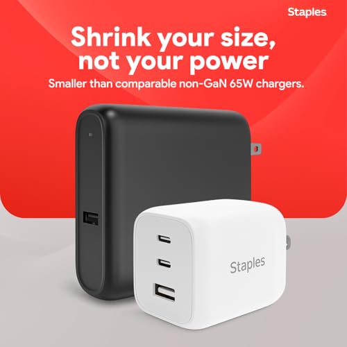 Staples TECH GaN Wall Charger, 65W – USB‑A & USB‑C Fast Charging, Includes Charging Cable, Compact Power Adapter for iPhone, Samsung, iPad & USB‑C Devices - style: 65 Watt