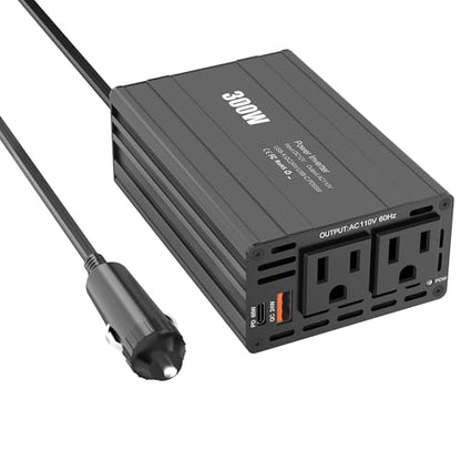 300W Car Inverter 12V-110V AC with 65W USB-C PD & QC 24W USB | 300W AC outlet – run lights, cameras, routers & gaming devices on the road