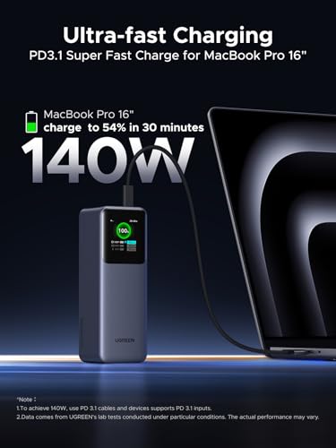 UGREEN Nexode Power Bank 25000mAh 200W Laptop Portable Charger PD 3.1 Fast Charging 90Wh 3-Port Battery Pack with TFT Smart Display for MacBook Pro/Air/ipad/iPhone 17/16/Samsung S26/Dell/HP and More
