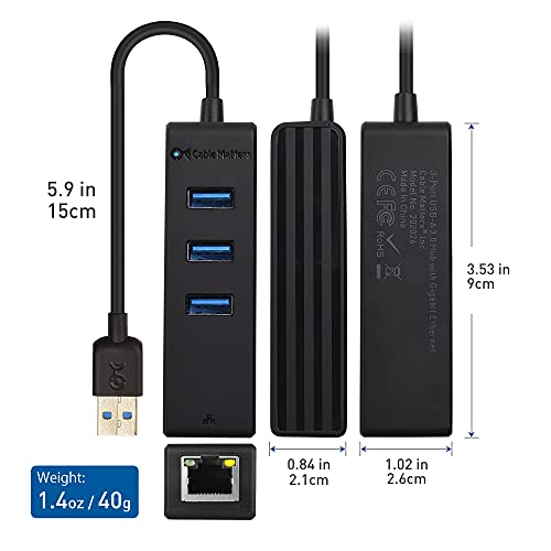 Cable Matters 4-in-1 USB 3.0 Hub with Gigabit Ethernet | 10/100/1000Mbps Network, 3x 5Gbps USBA Ports, Black