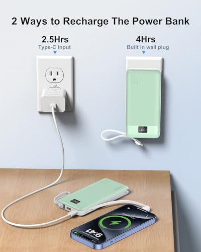 Portable Charger 10000mAh Power Bank w/Built-in 3 Cables & AC Wall Plug | 22.5W Fast Charging, Pass Through Charging, 0.68in Ultra Slim, TSA Approved, Travel Essential for iPhone/Samsung/iPad - color: Green