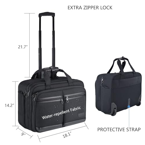 KROSER 17.3 Inch Rolling Laptop Computer Bag,Wheeled Briefcase,Roller Case | Multi-compartments, silent wheels,fits airline overhead bins,with luggage strap for business travel
