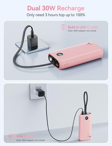 DIAMUAR Portable Charger 20000mAh 45W, Built in USB C Cable, 3W Flashlight | Fast Charging, Digital Display, 3 Ports, All-Day Power, Travel-Ready, for iPhone 17/16/15, Tablet, Laptop, Camping Essentials - color: Pink