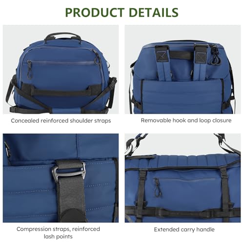Vomgomfom 86L Collapsible Wheeled Duffle Bag Waterproof, Navy | Detachable Backpack Straps, Padded Laptop Sleeve, Quilted Reinforced Base, U-Shape Mesh Pocket, Shoe Compartment - color: Navy