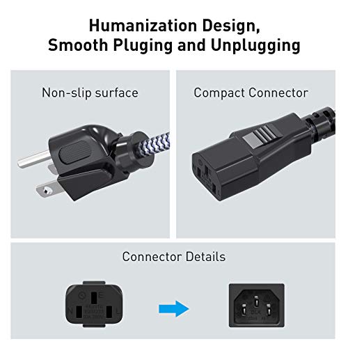 Power Cord, Goalfish 3 Prong AC Power Cable 3.3FT/1m Nylon Braided Replacement 3 Pin Power Cord UL Certified for Computer, TV, Monitor, Printer, PC, Projector, Power Supply Cable