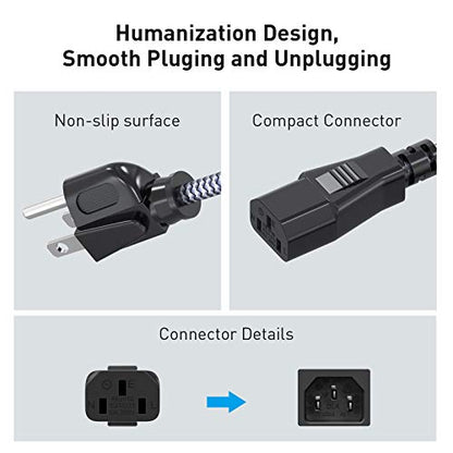 Power Cord, Goalfish 3 Prong AC Power Cable 3.3FT/1m Nylon Braided Replacement 3 Pin Power Cord UL Certified for Computer, TV, Monitor, Printer, PC, Projector, Power Supply Cable