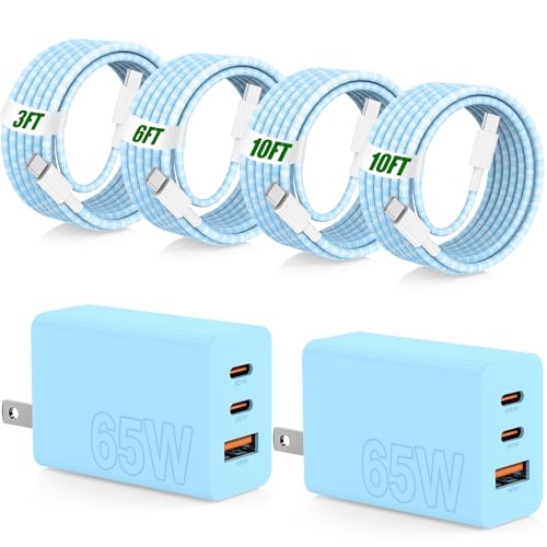 65W Super Fast Charger Type C for Samsung,3 Port 100W Quick Charging 3.0 USB C Block & 3/6/10/10FT Braided Type C Cord for Samsung Galaxy S26 Ultra/S26/S25 Ultra/iPhone 17 Pro/MacBook Pro/Air-Blue - color: Blue, size: 10FT+10FT+6FT+3FT